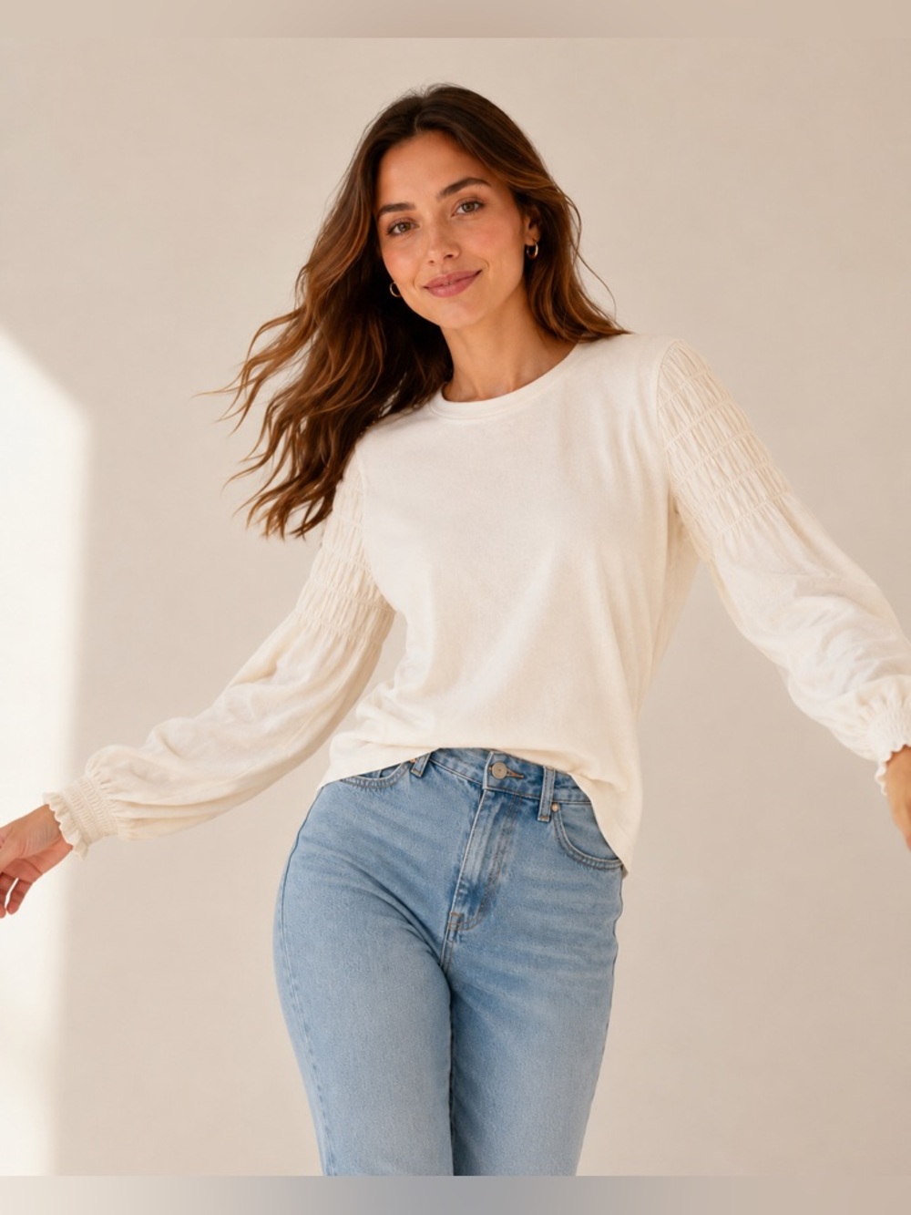 New! Madewell Smocked Long-Sleeve Tee in Vintage Ivory